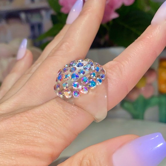 Aurora Borealis Swarovski Crystal Ring, Clear Lucite Ring, AB Crystal Dome Ring - Picture 6 of 10